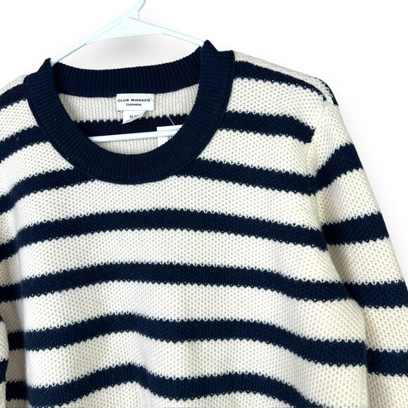 Club Monaco NWT Cashmere Navy Stripe Honeycomb Crewneck Soft Rib Knit Sweater XL - Picture 6 of 10